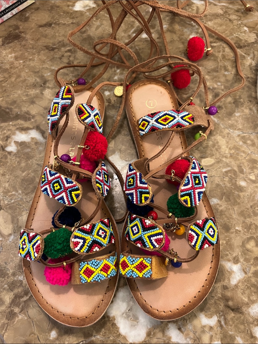 Colorful Beaded Pom Pom Gladiator Sandals Chinese Laundry